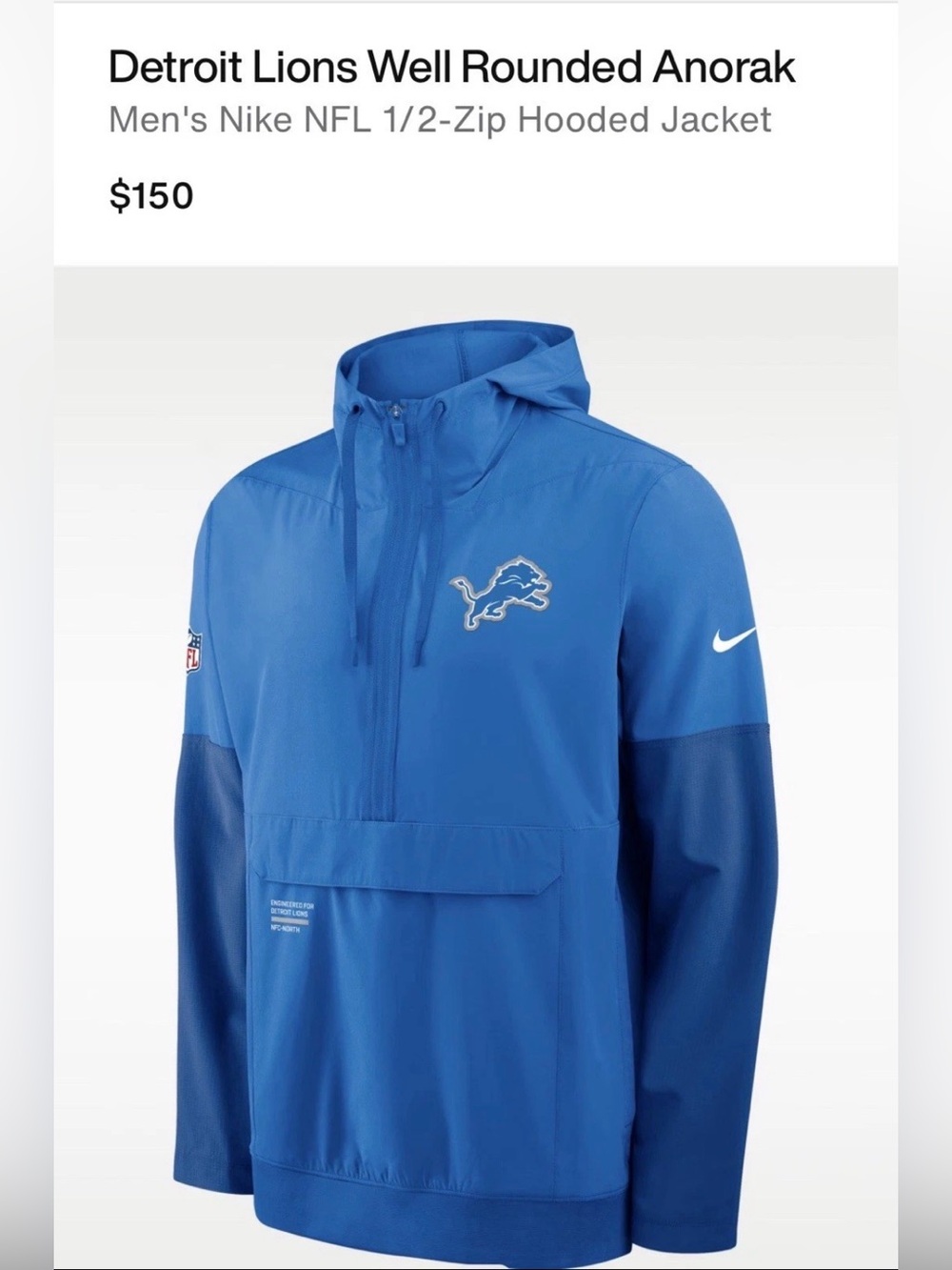 Nike Men’s Detroit Lions Well Rounded Anorak NFL 1/2 Zip Hooded Jacket L,XL,3X